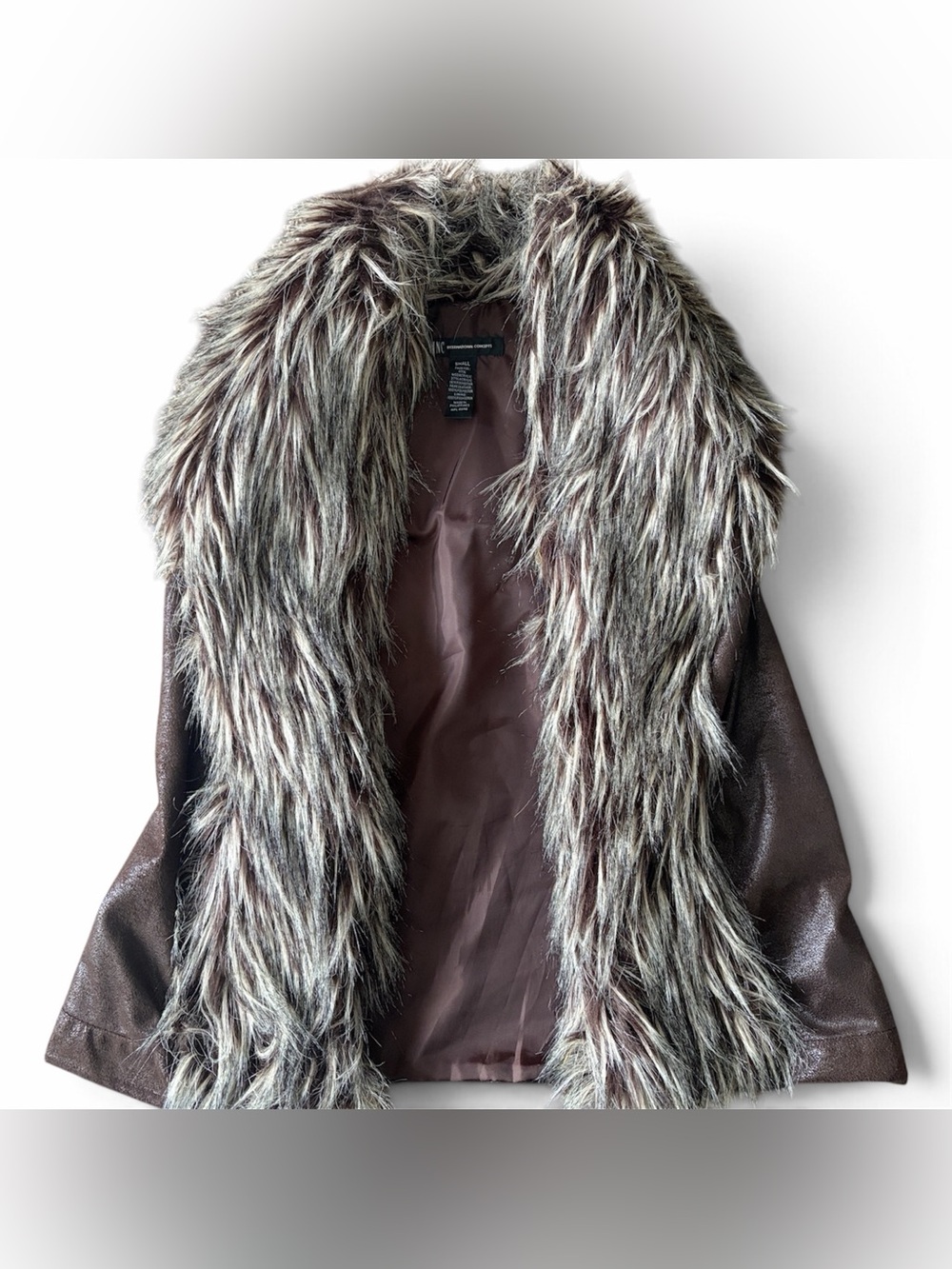 INC International Concepts Faux Fur Vest Shaggy Dramatic Collar Brown Gray Small
